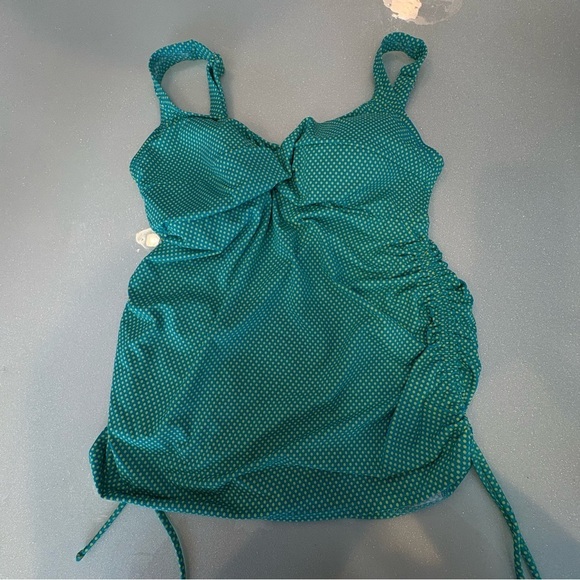 prego Other - Prego Swimsuit Tank Top Teal Lime Green Polka Dots Cinch On Sides Made In USA